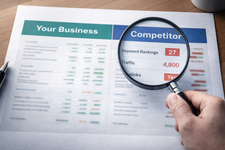 A magnifying glass being held to a competitor analysis report emphasizing the competitor side.
