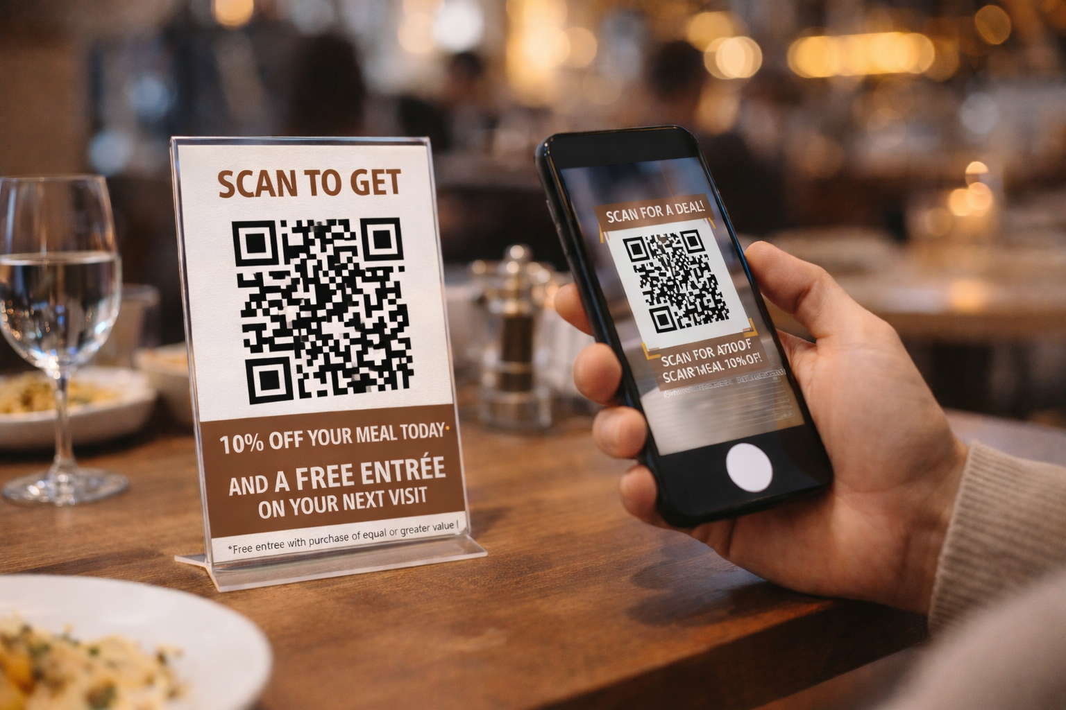 Restaurant customer scanning a QR code to receive a promotional offer.