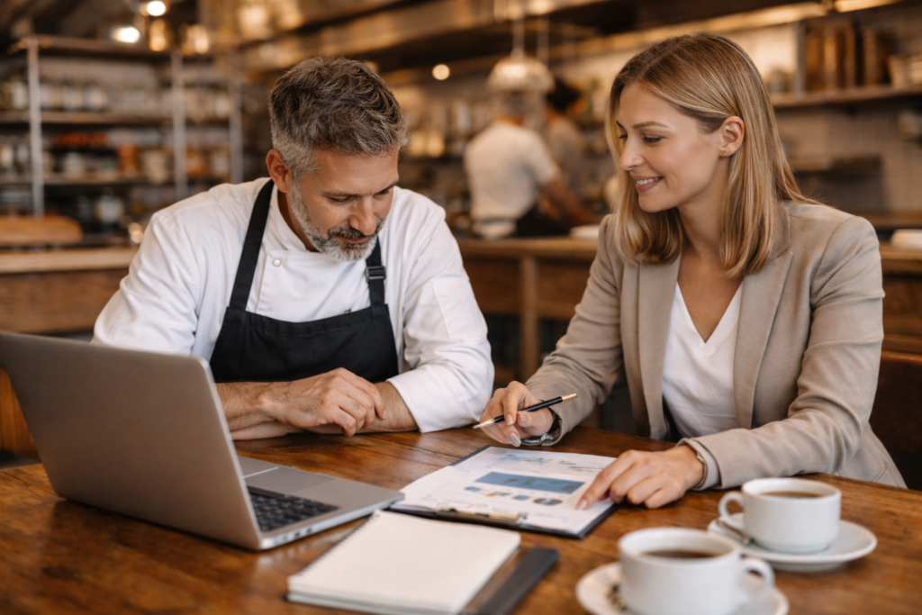 A cafe owner reviewing a business growth strategy with a marketing consultant.