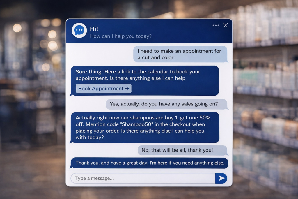 Image of a chat widget on a salon website and example of text between the widget and customer.