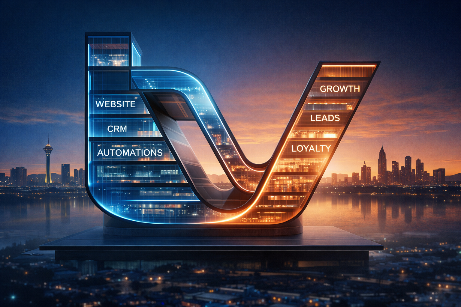 An image of an "LV" Intertwined and in the form of a building portraying Marketing And Strategy Growth Solutions for Small Businesses