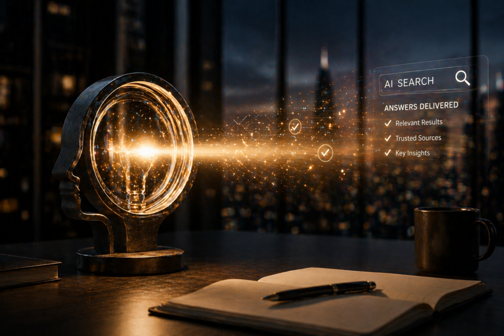 an image portraying productive business solutions FAQ featuring AI search optimization and strategic marketing growth for small businesses.