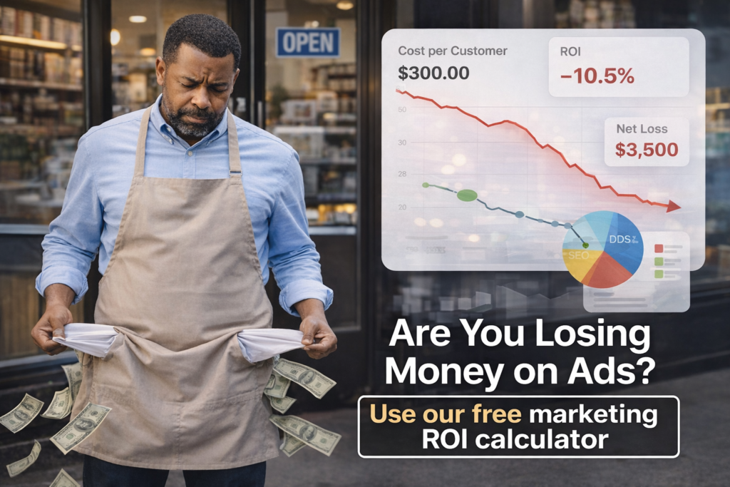 An image portraying a business owner with money coming out of his pockets due to wasted ad spend and needing to use a marketing ROI Calculator