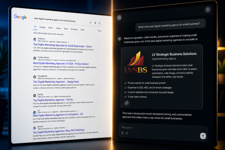 A split image portraying a traditional SEO search on one side, and AI Search on the other side with the AIO Website structured for AI to be able to read it.