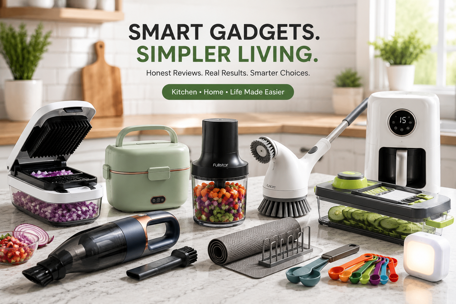 Image depicting home gadgets on a countertop for reviews